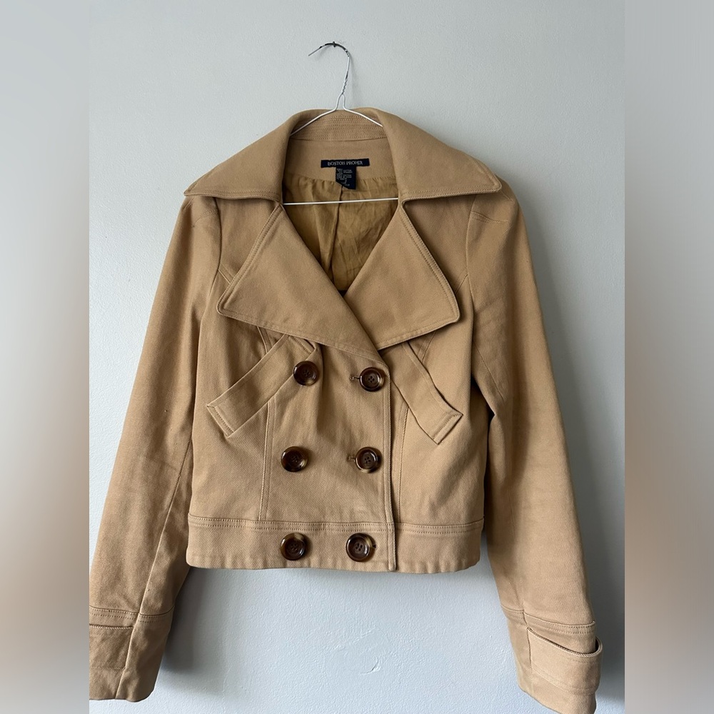 Boston Proper Cropped Tan Fall Jacket Trench/Pea Coat Style size 2
